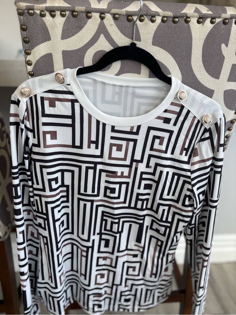 Geometric Black & White Button Shoulder Top